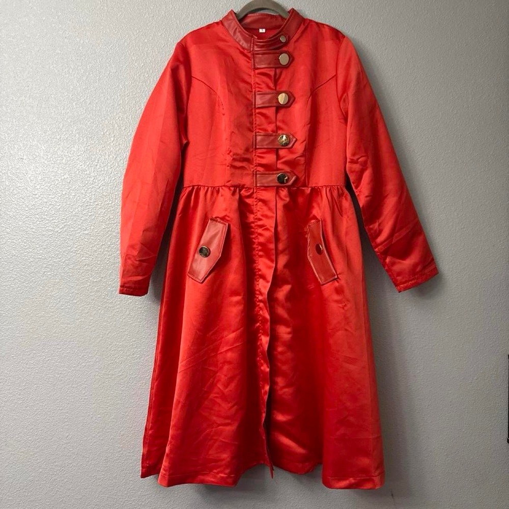 Women's Red Satin Feel Zip Up Trench Coat Style Dress with Faux Leather Neck